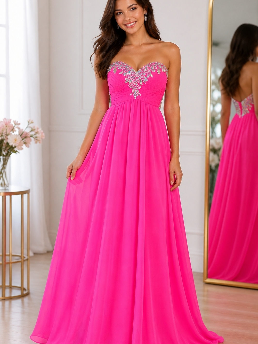 Jovani Strapless Sweetheart Hot Pink Gown With Embellishments